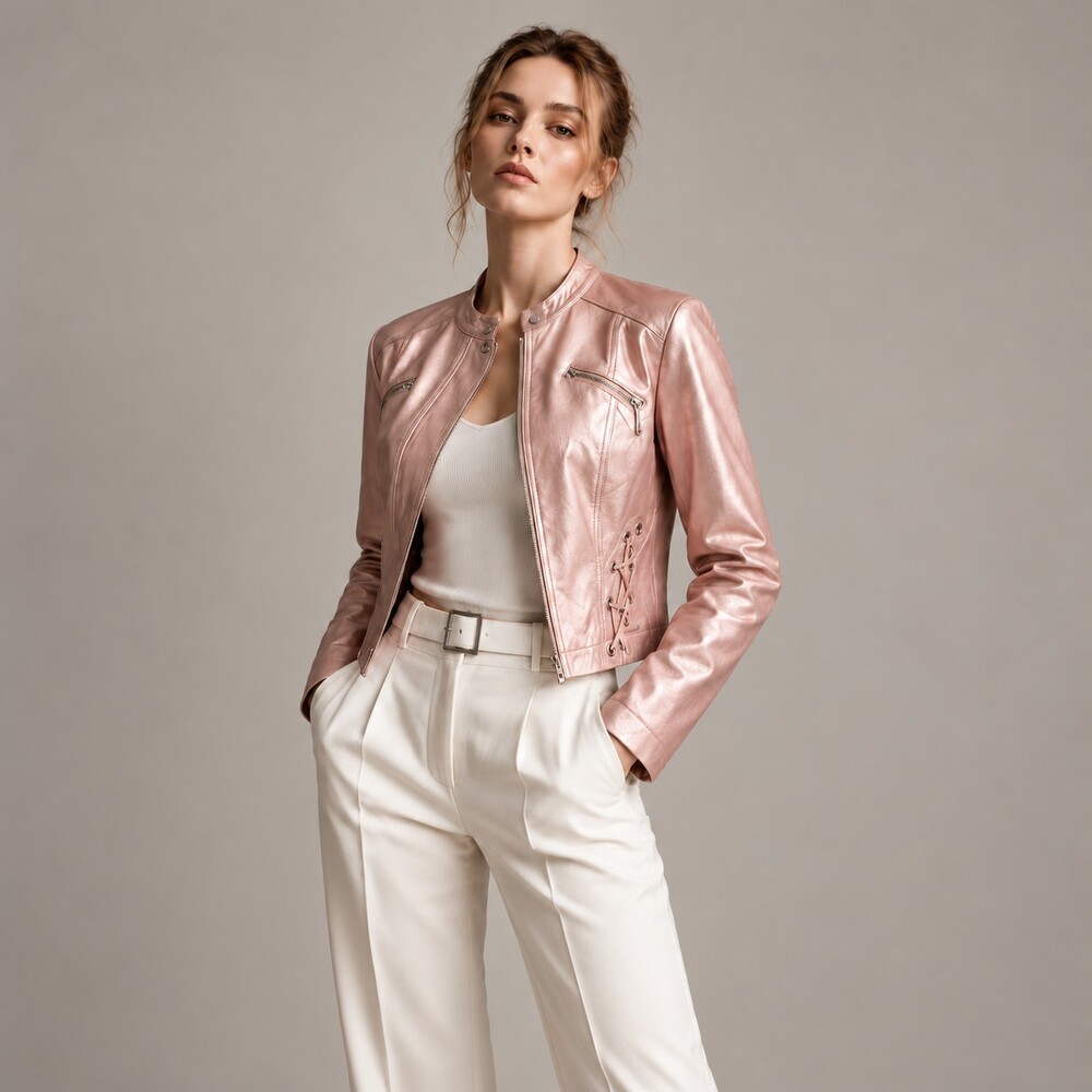 Metallic Blush Pink Lace-Up Cropped Moto Jacket Size XL Biker Glam Festival